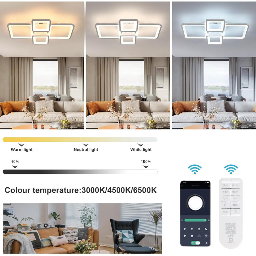Lustra LED cu telecomanda ELLA 67W, 4 Patrate, lumina Rece/Calda/Neutra, Dimabila, Alb