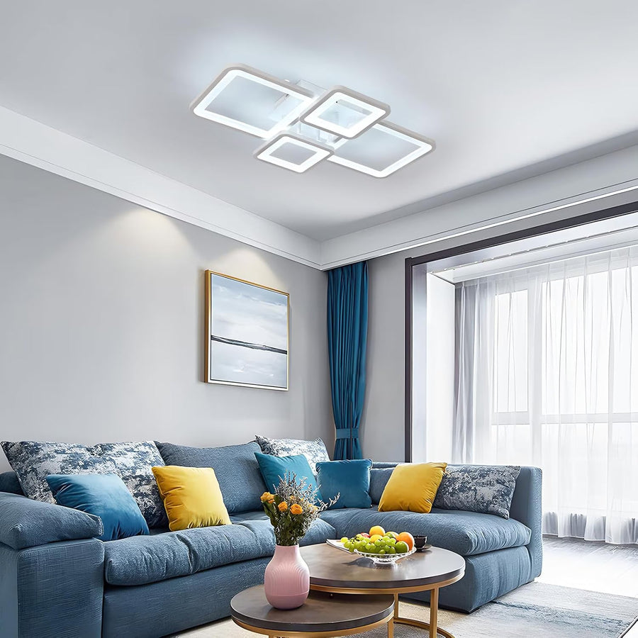 Lustra LED cu telecomanda ELLA 67W, 4 Patrate, lumina Rece/Calda/Neutra, Dimabila, Alb
