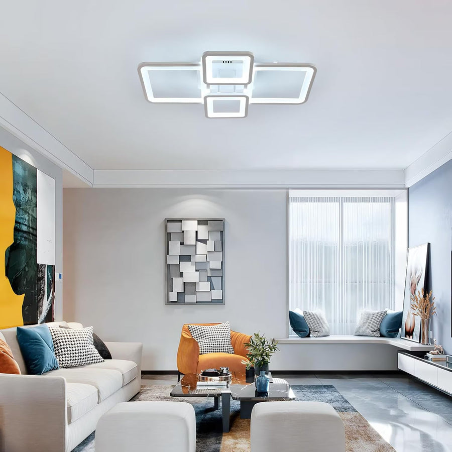 Lustra LED cu telecomanda ELLA 67W, 4 Patrate, lumina Rece/Calda/Neutra, Dimabila, Alb