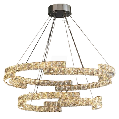 Lustra LED suspendata cu telecomanda si cristal MIA LATIFAH 55W, 2 Cercuri, lumina Rece/Calda/Neutra, Dimabila, Crom Lucios, Inaltime Reglabila