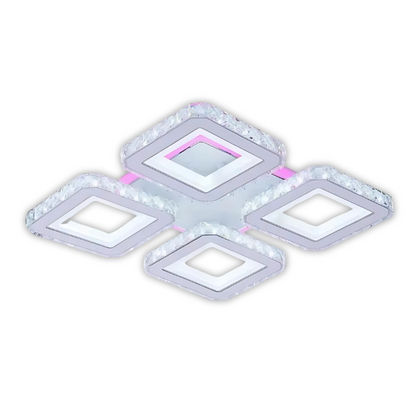 Lustra LED cu telecomanda si cristal LEILA RGB 69W, 4 Patrate, lumina Rece/Calda/Neutra, Dimabila, Alb