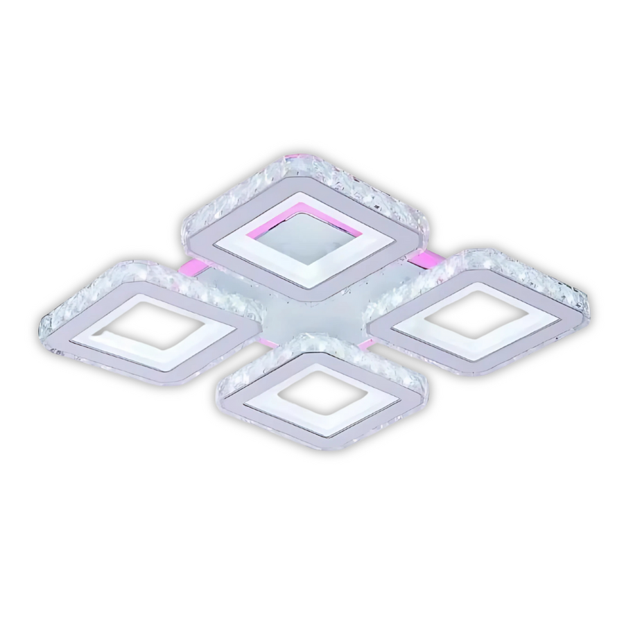 Lustra LED cu telecomanda si cristal LEILA RGB 69W, 4 Patrate, lumina Rece/Calda/Neutra, Dimabila, Alb
